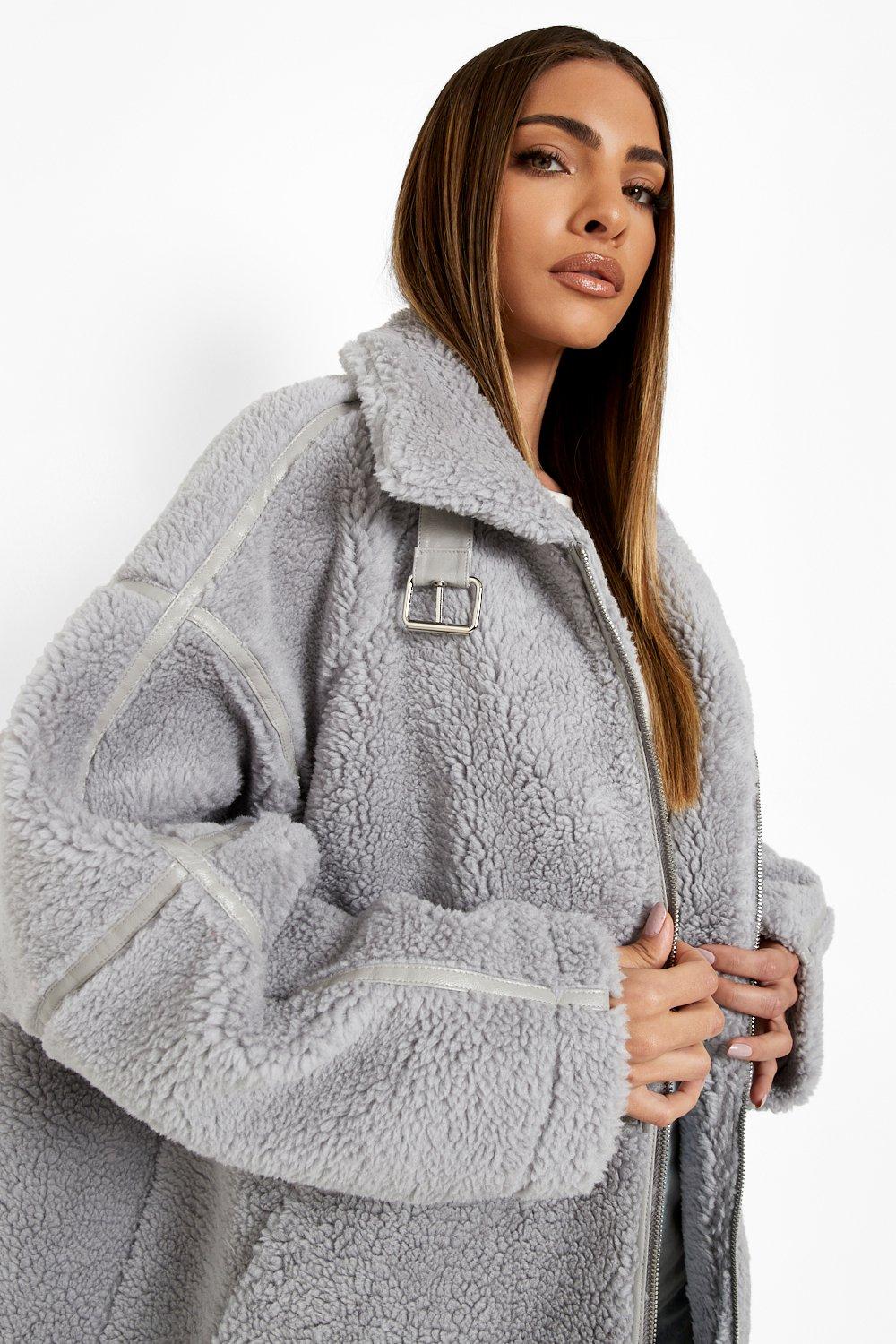 Oversized Buckle Detail Teddy Coat boohoo